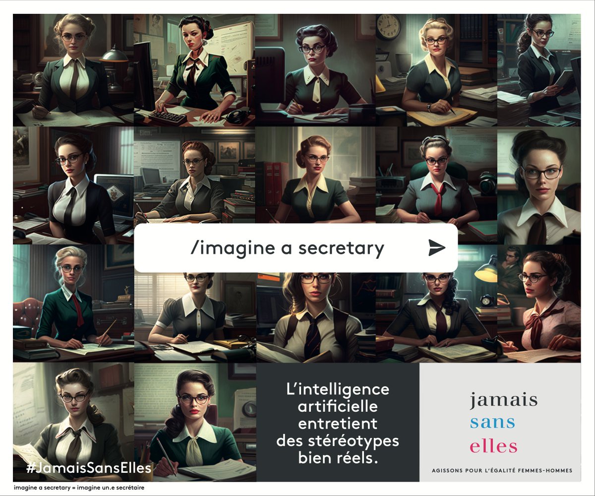 "IA, imagine a secretary / a CEO", comment les femmes pourront-elles échapper aux stéréotypes, si les #IA les y cantonnent et les invisibilisent dans les postes de pouvoir ? Ou en proposent des représentations hypersexualisées ? jamaissanselles.fr/biais-intellig… #Biais #8Mars #IWD2023
