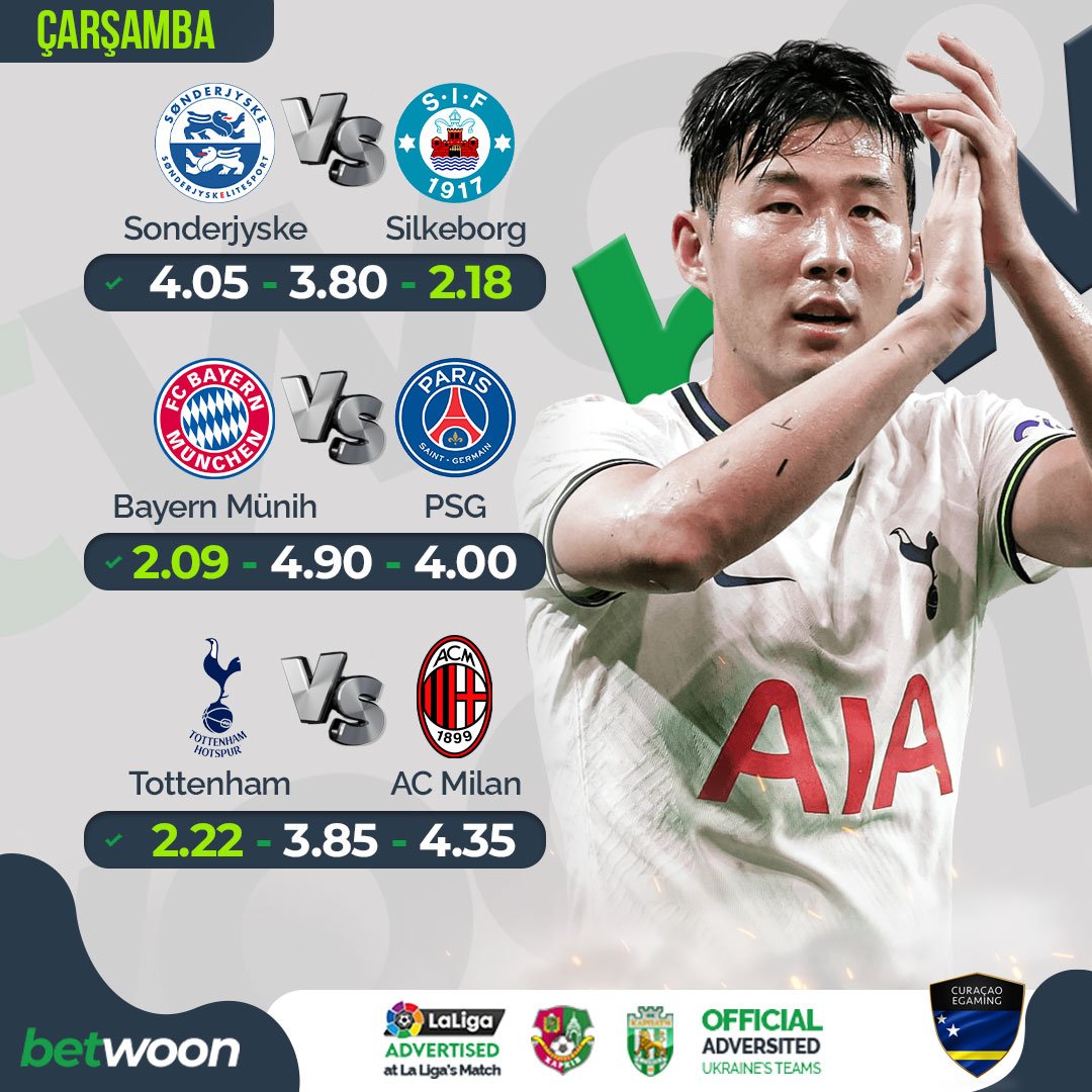 👉TÜM MAÇLAR EN YÜKSEK ORANLARIYLA #BETWOON'DA!

🎁HER YATIRIMA ÜCRETSİZ ÇARK ÇEVİR!

⚽Sonderjyske🥅Silkeborg
⚽Bayern Münih🥅PSG
⚽Tottenham🥅AC Milan

🎁7/24 ANINDA PARA ÇEKME İMKANI!

➡rebrand.ly/SocialMediaa

#betwoon #sport #bahis #iddaa #canlı