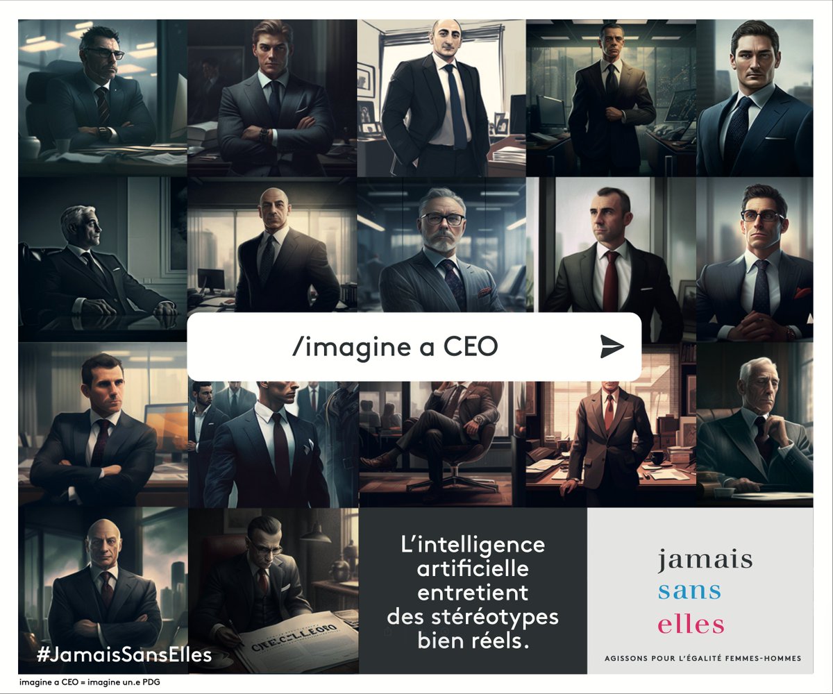 En utilisant des #IA génératrices d’images, les requêtes “neutres” font largement apparaître des hommes qd il s’agit d’imaginer des métiers “prestigieux”, et des femmes qd il s’agit de métiers moins “remarquables” – reproduisant ainsi les clichés sexistes. #JamaisSansElles #8Mars