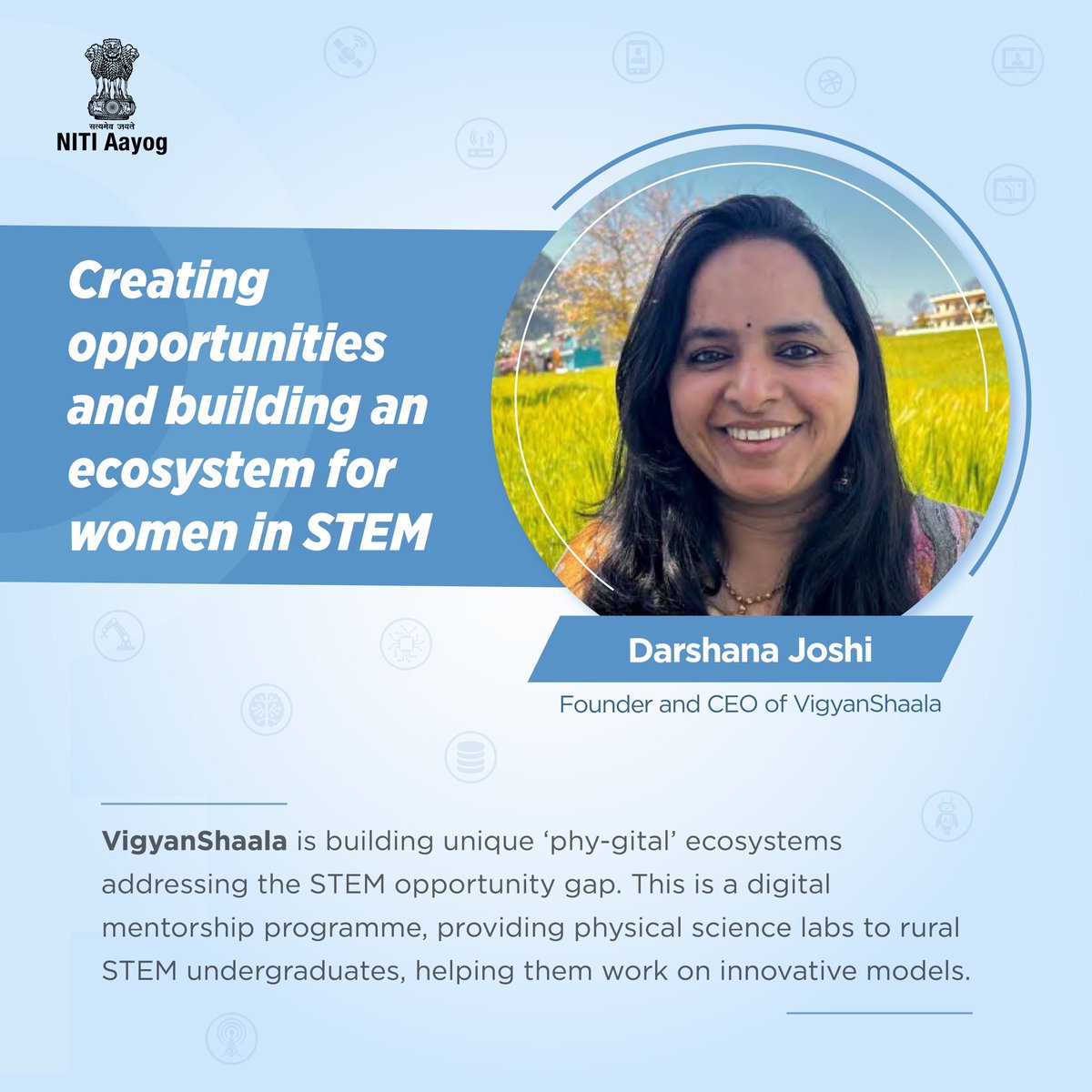 NITI Aayog (@nitiaayog) on Twitter photo Women empowering women through knowledge and innovation 💻
With @WEP_NITIAayog's network and support, <a href="/VigyanShaala/">VigyanShaala International (विज्ञानशाला)</a> Founder and CEO <a href="/DrDarshanaJoshi/">Darshana Joshi</a> has been working towards equity in #STEM education, enabling a Sashakt and Samarth Bharat! Women empowering women through knowledge and innovation 💻
With @WEP_NITIAayog's network and support, <a href="/VigyanShaala/">VigyanShaala International (विज्ञानशाला)</a> Founder and CEO <a href="/DrDarshanaJoshi/">Darshana Joshi</a> has been working towards equity in #STEM education, enabling a Sashakt and Samarth Bharat!