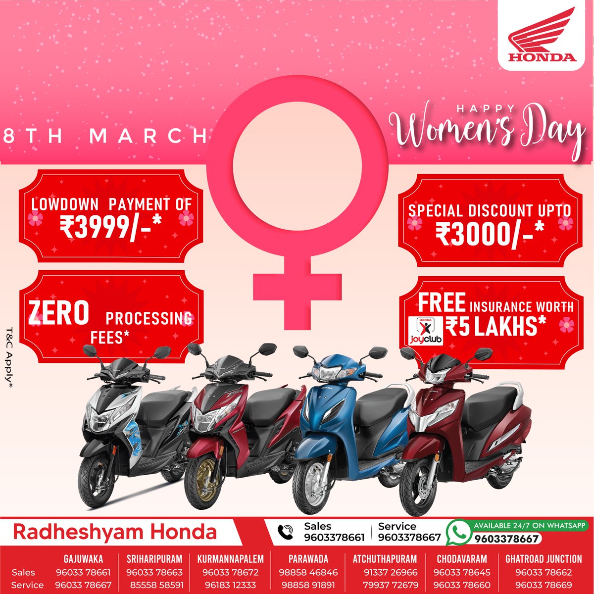 Today and every day, we celebrate the strength, resilience, and achievements of women all around the world. Happy International Women's Day!
Buy #HondaScooters  at a Low Down Payment of ₹3999/-, Special Discount upto ₹3000/-, Zero Processing Fees,
