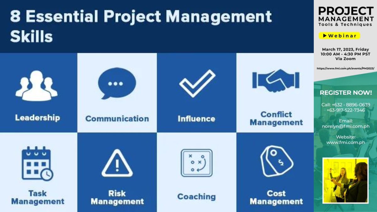 PhilstarNews's tweet photo. Develop these 8 Essential Project Management Skills in yourself. Attend the Project Management Tools and Techniques Webinar 2023 on March 17, 2023 via Zoom. Register Today! https://t.co/0UeyXnTlIt #ProjectManagementWebinarPH #PMWebinar https://t.co/39mNmBtzgV