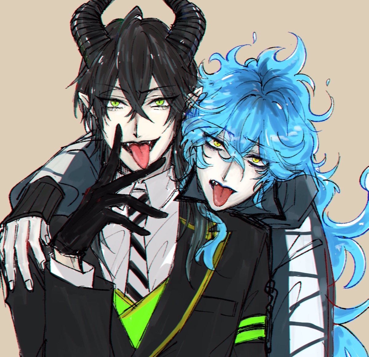 2boys multiple boys horns male focus tongue tongue out long hair  illustration images