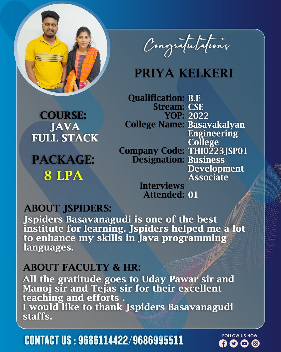 BrandingJsp's tweet image. Congratulations PRIYA KELKERI for getting placed as BUSINESS DEVELOPMENT ASSOCIATE
#jspidersbasavanagudi
#besttraininginstitute
#Javaprograming
#computerscience
#jspidersplacement
#gotjob
#jobplacement
#businessdevelopmentassociate
#qualityasssurance
#jobskills