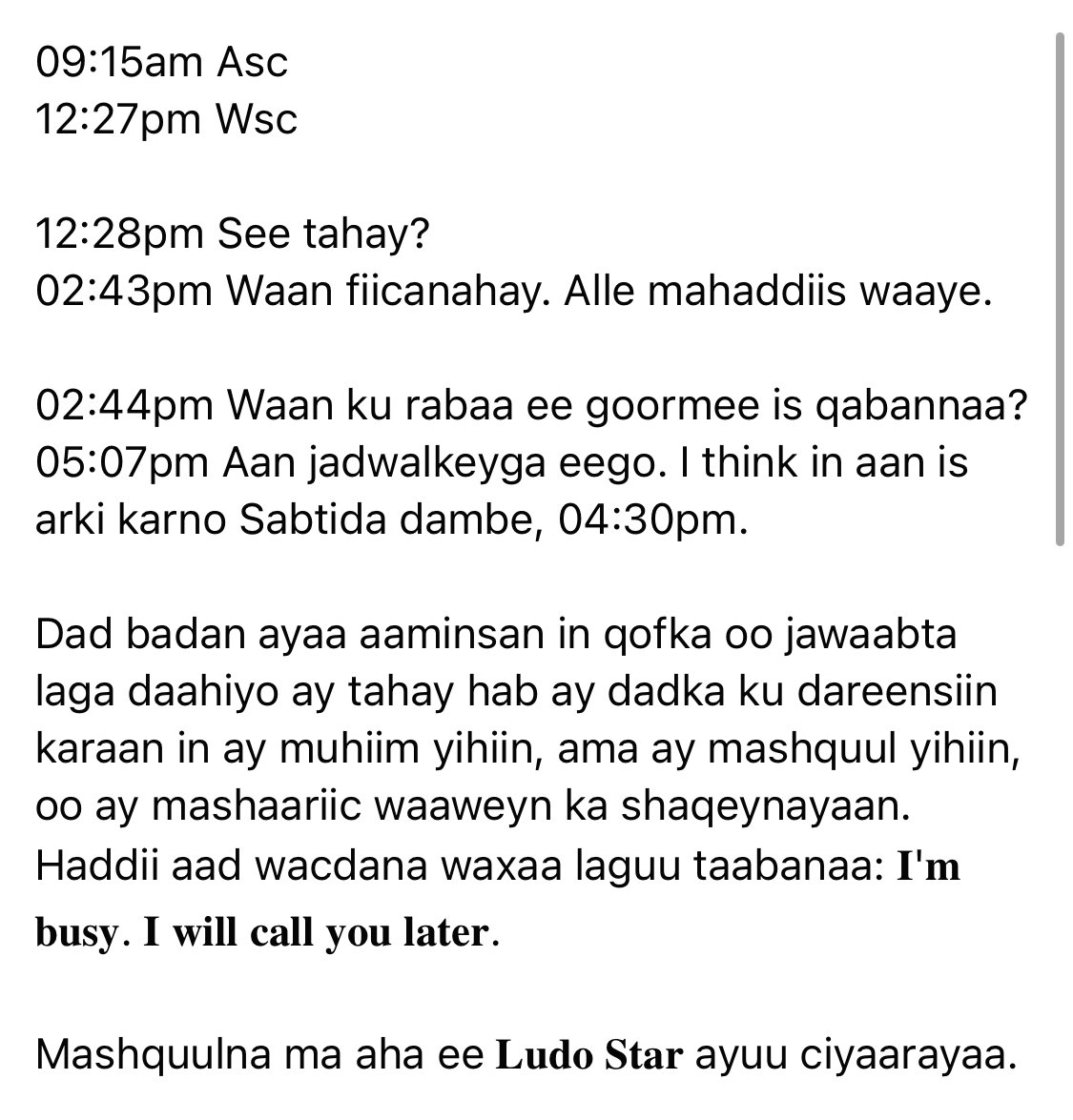 HusseinSabrie's tweet photo. Dad badan ayaa aaminsan in qofka oo jawaabta laga daahiyo ay tahay hab ay dadka ku dareensiin karaan in ay muhiim yihiin, ama ay mashquul yihiin, oo ay mashaariic waaweyn ka shaqeynayaan.

Mashquulna ma aha ee 𝐋𝐮𝐝𝐨 𝐒𝐭𝐚𝐫 ayuu ciyaarayaa. https://t.co/rTuN7tVduP