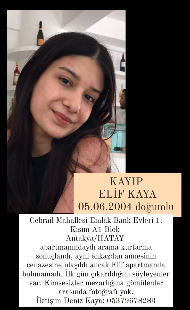 MehmetBerkErgin's tweet photo. KAYIP DUYURUSU
Elif'in ilk gün çıkarıldığı ama bulunamadığı söyleniyor

Yer: Cebrail Mah. Emlak Bank Evleri 1. Kısım A1 Blok Antakya Hatay
Görenlerin ya da bilgisi olanların 112’yi arayarak Polise bildirmeleri önemle rica olunur. https://t.co/lgRiMYGfLi