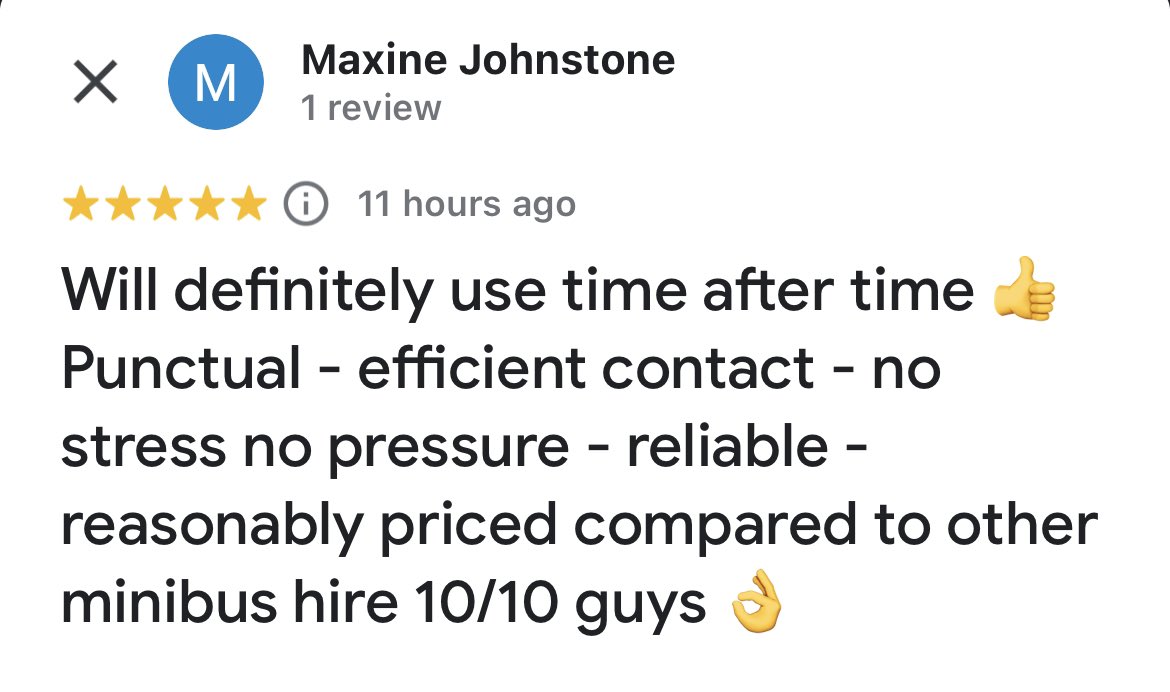 MinibushireG's tweet photo. 5 star review ⭐️⭐️⭐️⭐️⭐️

#minibushiregla #minibushire #glasgow #hire #best #mbhgla #best #freewifi #freerefreshments #glasgowtravel #review #5stars https://t.co/uXQVrXglNt