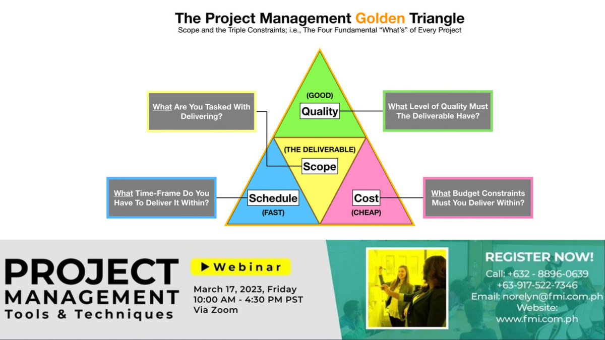 PhilstarNews's tweet photo. Understand the Project Management Golden Triangle framework. Attend the Project Management Tools and Techniques Webinar 2023 on March 17, 2023 via Zoom. Register Today! https://t.co/0UeyXnSNSV #ProjectManagementWebinarPH #PMWebinar https://t.co/DDx6Guk6aL