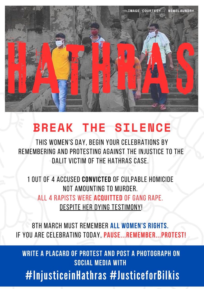 Is this what justice means for victims of caste and gender based violence? Raise your voice a/g the Hathras judgment, demand accountability. #InjusticeInHathras #JusticeForBilkis