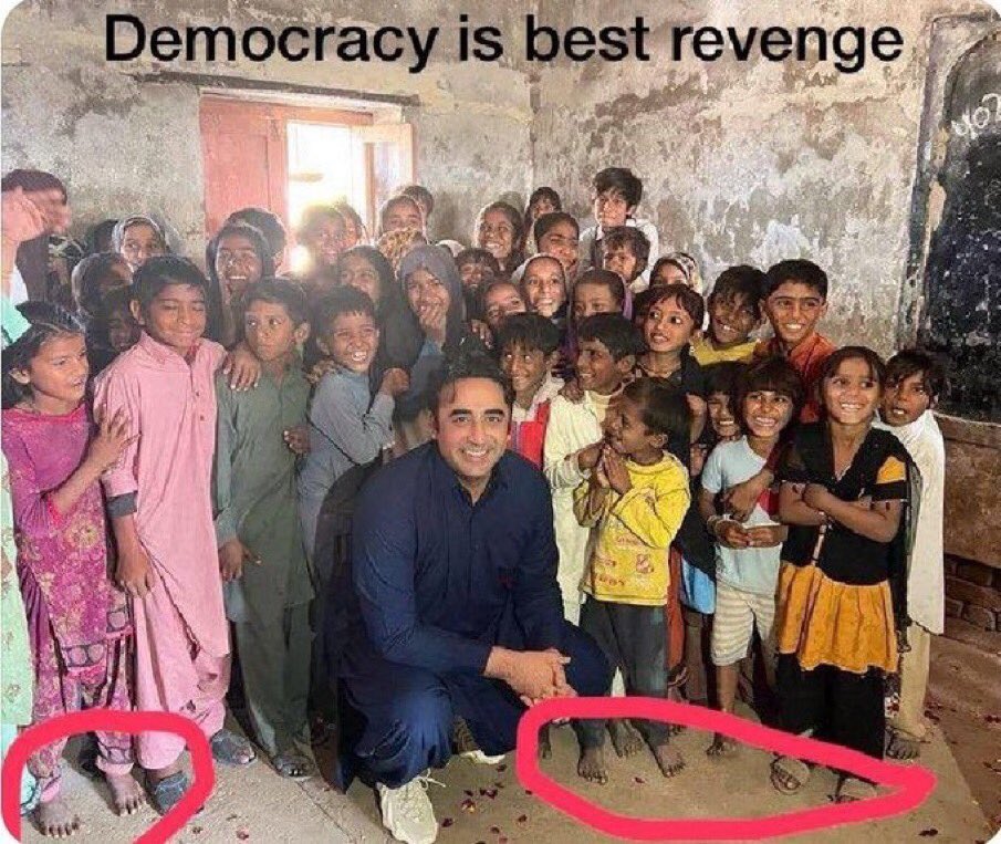 @PakistanUN_NY @BBhuttoZardari @UN_CSW @UN_News_Centre @UNCANews @unpublications @epwing_official @AP @ForeignPressCtr @GovtofPakistan @ForeignOfficePk @Peace_Women This picture of Bilawal is taken with barefooted childern in a province where Bilawal’s party has been ruling for last 15 years and the shoes he himself is wearing are worth thousands of dollars. He does not have any public support, only military junta is forcing him upon people.