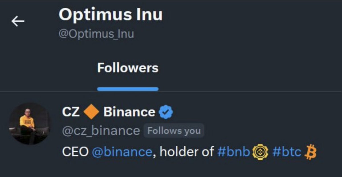 Optimus_Inu's tweet photo. CZ just followed us!🤖 The only Optimus token to be liked by Elon and followed by CZ! we're going to make bsc great again! With Optimus Inu $OPINU #OptimusInu #Optimus https://t.co/GwQEznQeko