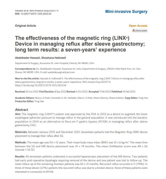 📜The effectiveness of the magnetic ring (LINX®) Device in managing reflux after sleeve gastrectomy; long-term results: a seven-year experience 👥Abdelkader Hawasli, Shoshana Hallowell 🔻sleeve gastrectomy, reflux, Roux-en-Y gastric bypass... 💐Read: misjournal.net/article/view/5…