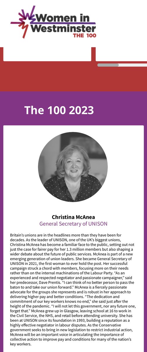 Congratulations to <a href="/cmcanea/">Christina McAnea</a> making this year’s Women in Westminster 100 list! 🎉

#WiW100 celebrates those making a contribution to public life. Christina is truly an inspirational leader of our union of over one million women 💫

#IWD2023 <a href="/TheHouseMag/">The House magazine</a> politicshome.com/thehouse/partn…