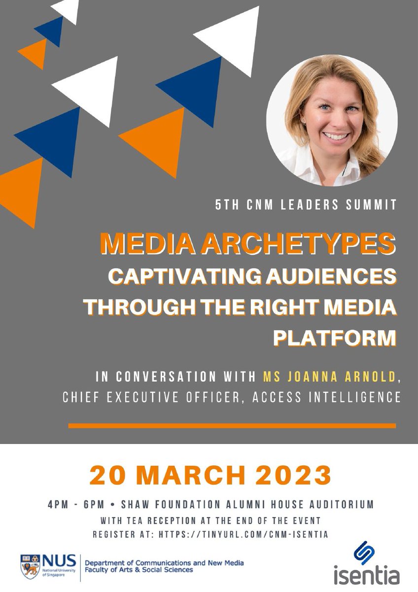NUS Communications and New Media (@cnmnus) on Twitter photo This #IWD2023, check out who we will be inviting for our ๐๐ก๐ ๐๐ฒ๐ฎ๐ฑ๐ฒ๐ฟ๐ ๐ฆ๐๐บ๐บ๐ถ๐!
Ms Joanna Arnold, CEO of Access Intelligence <a href="/isentia/">Isentia</a>, will be here to deliver a keynote on ๐ ๐ฒ๐ฑ๐ถ๐ฎ ๐๐ฟ๐ฐ๐ต๐ฒ๐๐๐ฝ๐ฒ๐.
Sign up here: tinyurl.com/CNM-Isentia
#NUSLife This #IWD2023, check out who we will be inviting for our ๐๐ก๐ ๐๐ฒ๐ฎ๐ฑ๐ฒ๐ฟ๐ ๐ฆ๐๐บ๐บ๐ถ๐!
Ms Joanna Arnold, CEO of Access Intelligence <a href="/isentia/">Isentia</a>, will be here to deliver a keynote on ๐ ๐ฒ๐ฑ๐ถ๐ฎ ๐๐ฟ๐ฐ๐ต๐ฒ๐๐๐ฝ๐ฒ๐.
Sign up here: tinyurl.com/CNM-Isentia
#NUSLife