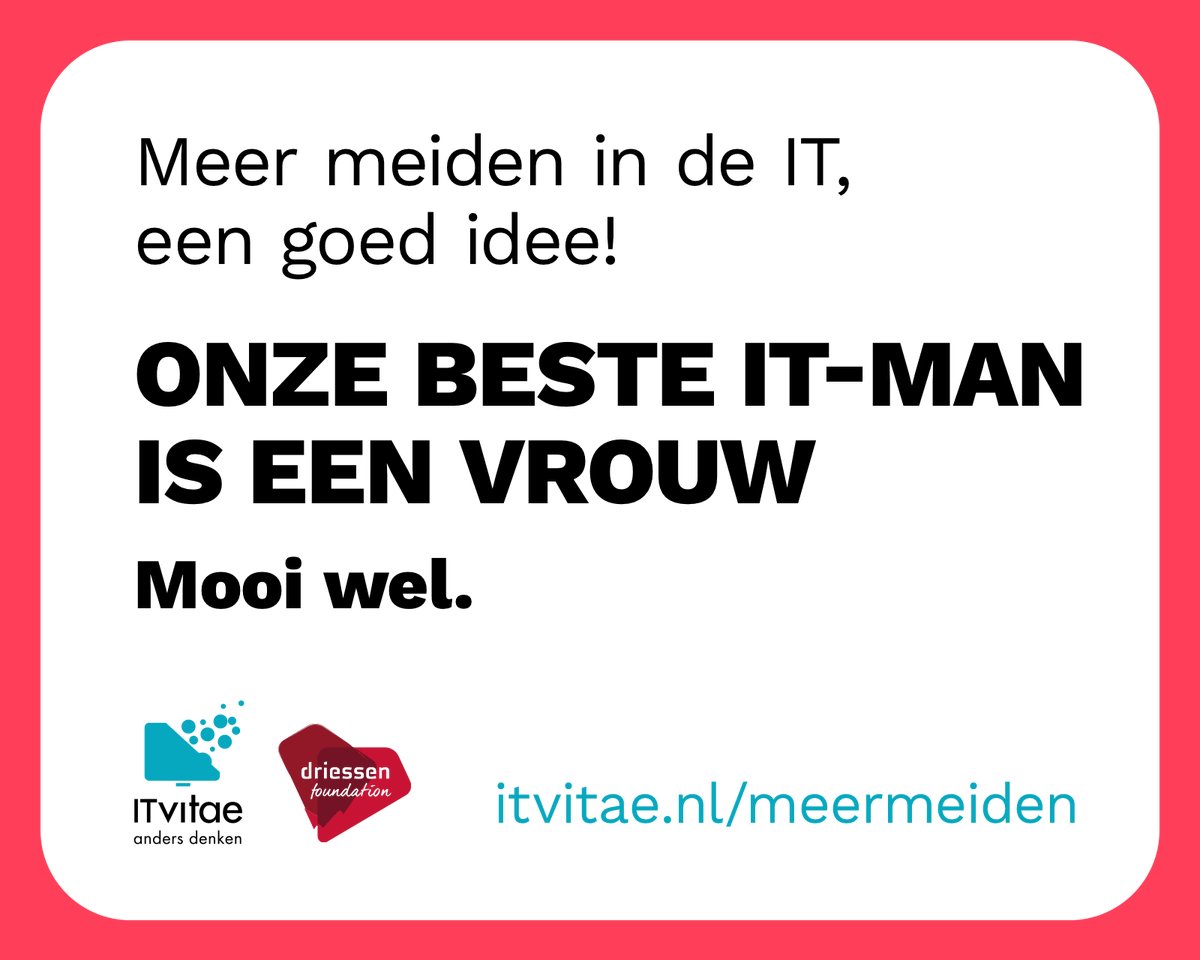 Vandaag Internationale Vrouwendag. 100.000 IT-vacatures en slechts 1 op de 5 IT'ers is vrouw. Meiden pak deze kans en laat je inspireren op itvitae.nl/meermeiden