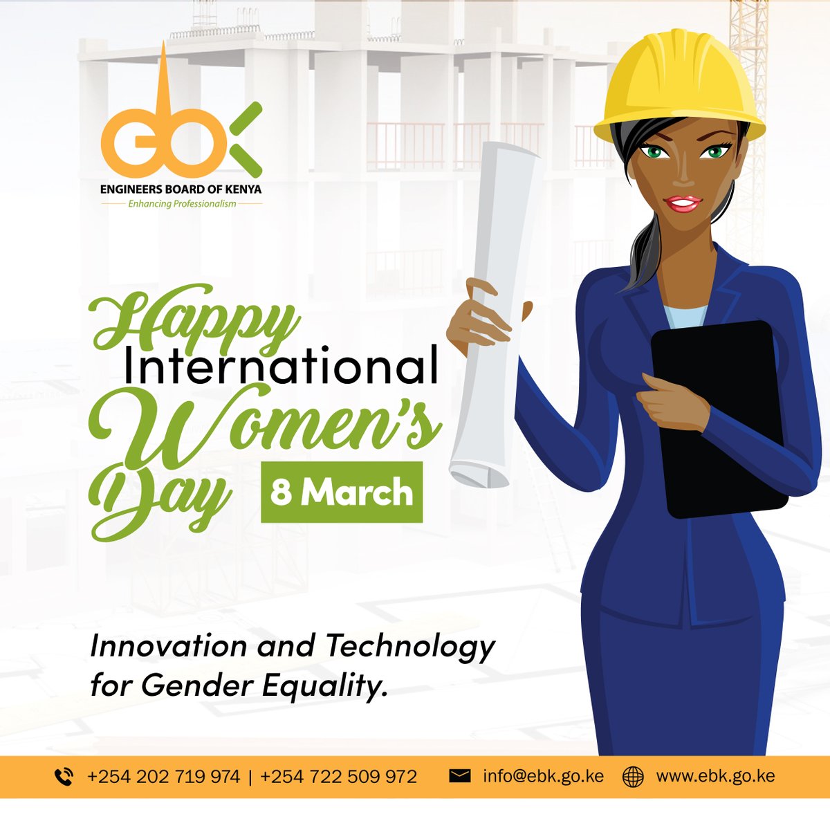 Happy International Women's Day to all the brilliant women engineers out there! Your contributions to science, technology, and innovation are invaluable and inspiring. 

#WomenInSTEM #IWD2023 

<a href="/Roads_KE/">State Department For Roads</a> 
<a href="/SDRoads_Ke/">State Departments of Roads Kenya</a> 
<a href="/EngEKMwongera/">Eng. Erastus K. Mwongera, CE, FIEK, CBS| EBS| OGW</a> 
<a href="/Eng_MaggieOgai/">Eng. Margaret Ogai</a> 
<a href="/TheIEK/">The Institution of Engineers of Kenya</a>