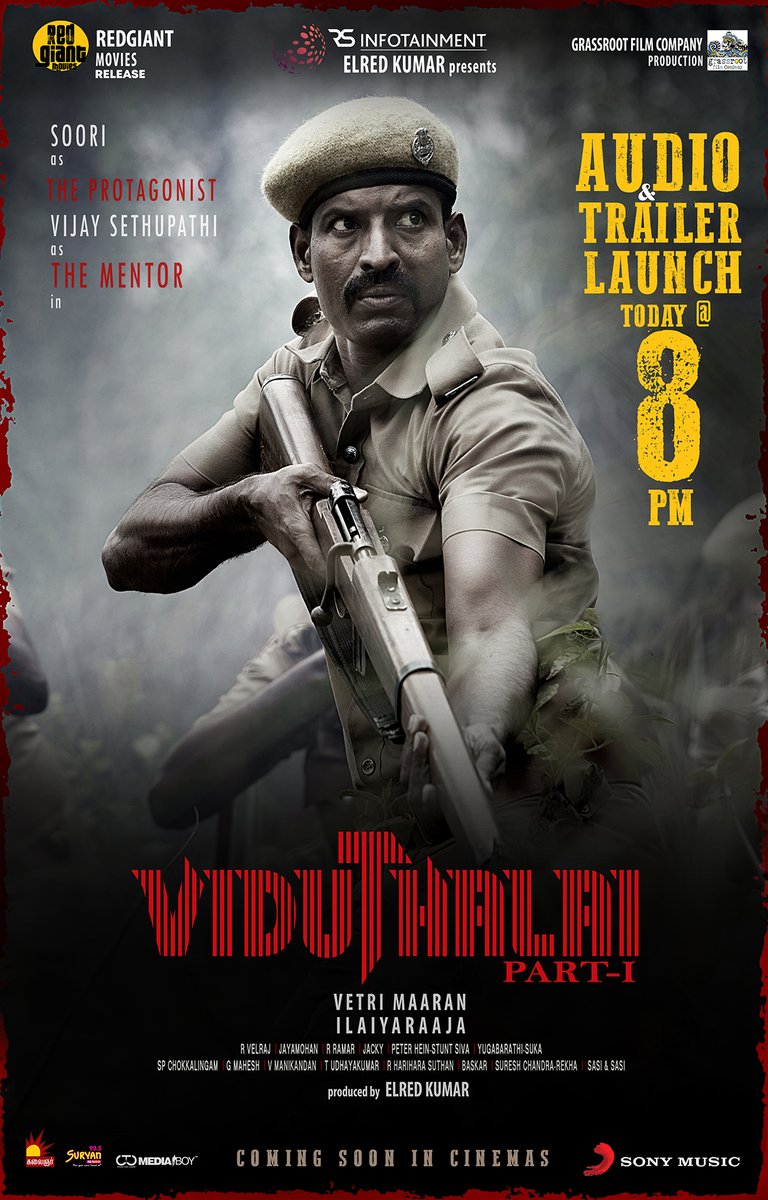 RS Infotainment (@rsinfotainment) on Twitter photo Director #VetriMaaran 's #ViduthalaiPart1 Audio & Trailer from 8⃣ PM today!
<a href="/ilaiyaraaja/">Ilaiyaraaja</a> Musical
<a href="/VijaySethuOffl/">VijaySethupathi</a> <a href="/sooriofficial/">Actor Soori</a> <a href="/BhavaniSre/">Bhavani sre</a> <a href="/VelrajR/">rvelrajcinematograph</a> <a href="/DirRajivMenon/">Rajiv Menon</a> <a href="/menongautham/">Gauthamvasudevmenon</a> <a href="/jacki_art/">Jackson</a> <a href="/GrassRootFilmCo/">Grass Root Film Co</a> <a href="/RedGiantMovies_/">Red Giant Movies</a> <a href="/mani_rsinfo/">manikandan</a> <a href="/SonyMusicSouth/">Sony Music South India</a> <a href="/DoneChannel1/">Done Channel</a> @CtcMediaboy Director #VetriMaaran 's #ViduthalaiPart1 Audio & Trailer from 8⃣ PM today!
<a href="/ilaiyaraaja/">Ilaiyaraaja</a> Musical
<a href="/VijaySethuOffl/">VijaySethupathi</a> <a href="/sooriofficial/">Actor Soori</a> <a href="/BhavaniSre/">Bhavani sre</a> <a href="/VelrajR/">rvelrajcinematograph</a> <a href="/DirRajivMenon/">Rajiv Menon</a> <a href="/menongautham/">Gauthamvasudevmenon</a> <a href="/jacki_art/">Jackson</a> <a href="/GrassRootFilmCo/">Grass Root Film Co</a> <a href="/RedGiantMovies_/">Red Giant Movies</a> <a href="/mani_rsinfo/">manikandan</a> <a href="/SonyMusicSouth/">Sony Music South India</a> <a href="/DoneChannel1/">Done Channel</a> @CtcMediaboy