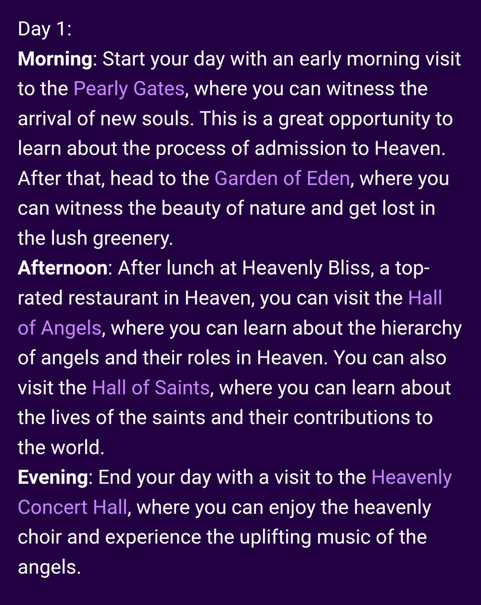 ikeCj184's tweet photo. Wanna roam around Heaven or Hell?

Here's an itinerary created by ChatGPT. Pre-booking available, DM for updates!
#ChatGPT https://t.co/tVwR3z2ZSY