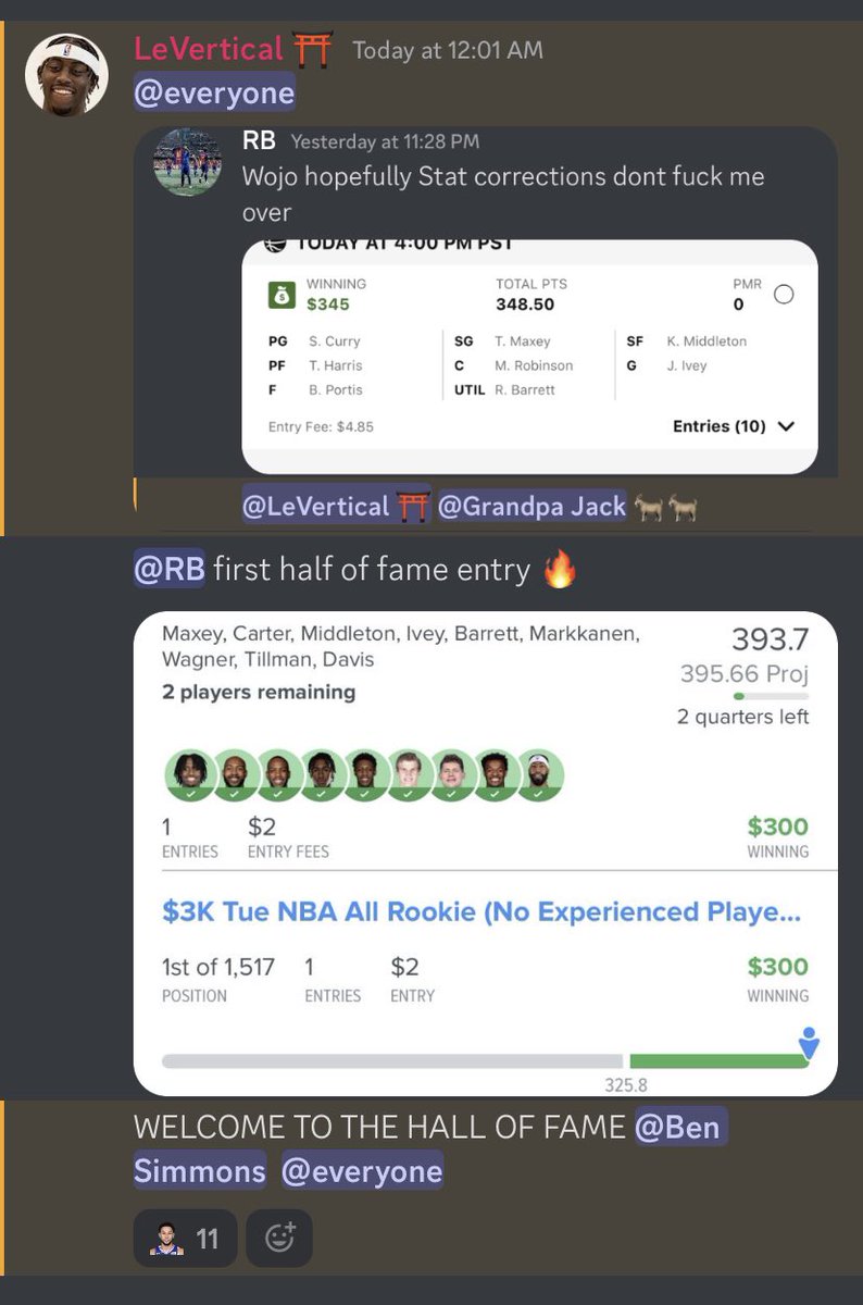 TheDFSDojo_'s tweet photo. We inducted two new members into our DFS Hall of Fame today after today’s NBA slate🔥⛩
Congrats to them, and a great finish to what was a great day for Dojo NBA DFS. @LeVerticalDFS remains the 👑
#DFS #FanDuel #NBADFS #GamblingTwitter #DraftKings #fanduelnba #draftkingsnba https://t.co/IOHAlXSp7P