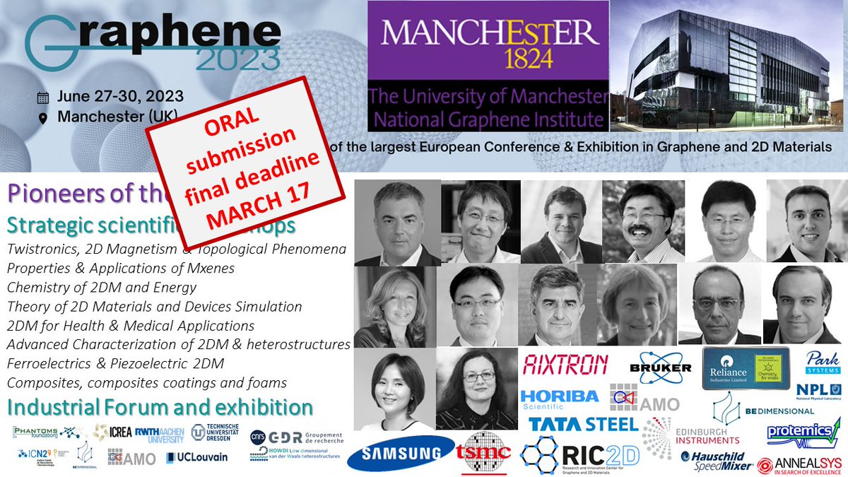 GRAPHENE 2023! - Final call  for oral contributions  (March 17)- Join the (truly) largest conference & exhibition on #graphene and  #2dmaterials in the World!
Meet pioneers, key scientists and industrial representatives at this unique event @UoMGraphene 
grapheneconf.com