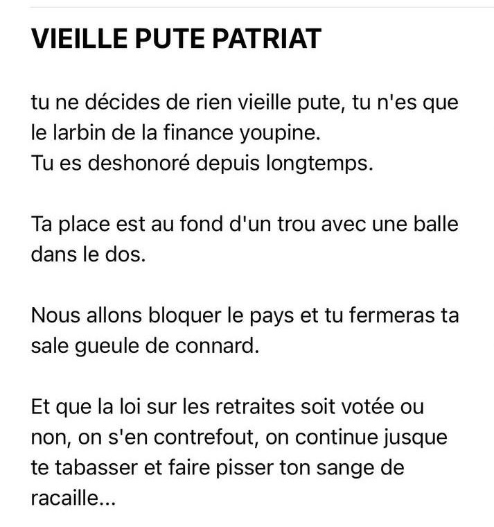 Les menaces rythment mon quotidien d’élu depuis longtemps. J'y accorde peu d'attention réservant ma voix à la défense de l’intérêt des Français. Ce dernier d’une violence rare, menace de mort aux relents antisémites abjectes, m’oblige à lui céder une tribune. Je porterai plainte.