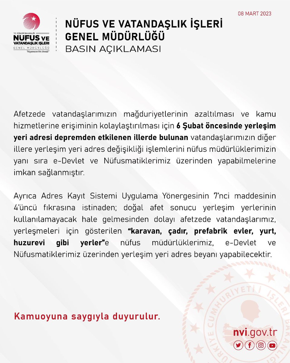 Afetzede vatandaşlarımız, iller arası yerleşim yeri adres değişikliği işlemlerini nüfus müdürlüklerimizin yanı sıra e-Devlet ve Nüfusmatiklerimiz üzerinden de yapabilirler❗️⬇️