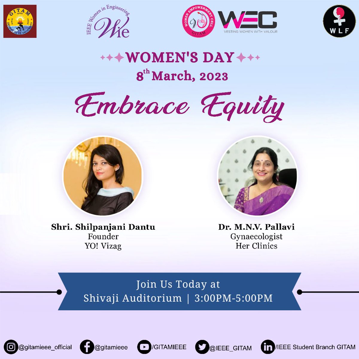 IEEE_GITAM's tweet photo. "Empowerment is not a trend, it's a movement.

We're excited to host Shri. Shilpanjali Dattu, founder of Yo Vizag, and Dr.Pallavi, Gynecologist, as our chief guests who will be sharing their inspiring stories and insights on gender equity and women's health. https://t.co/pZFDxKkZUU