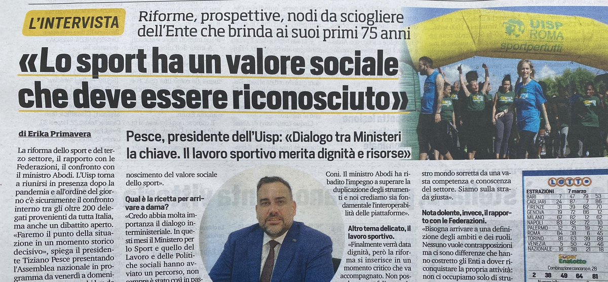 UispNazionale's tweet photo. 📣Grazie al @CorSport per questa intervista a @TizianoPesce @UispNazionale: “Lo sport ha un valore sociale che deve essere riconosciuto” Riforme, prospettive, nodi da sciogliere alla vigilia dell’Assemblea nazionale congressuale Uisp, dal 10 al 12 marzo a Tivoli Terme, Roma https://t.co/rClAZaPvF4
