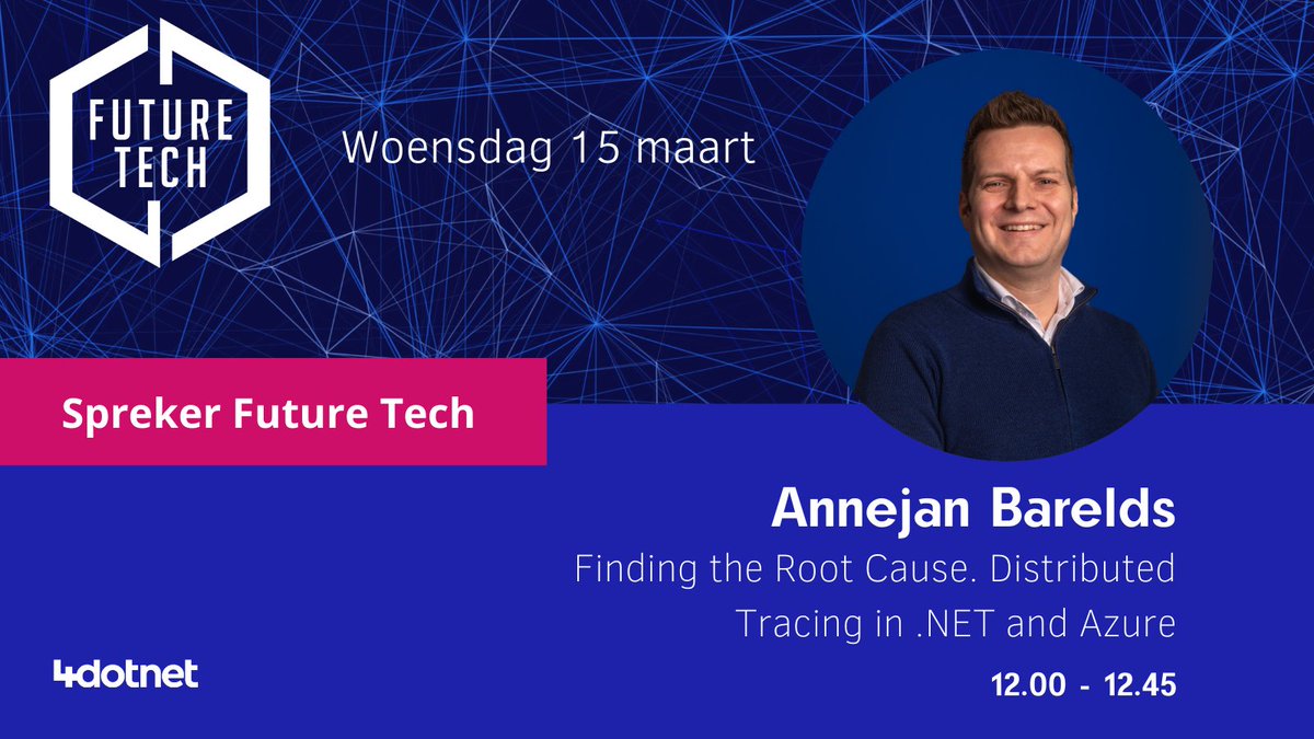 4Dotnet's tweet image. Over een week gaat Future Tech van start. Tijdens dit .NET kennisevent spreekt onze 4Dotnetter @BareldsA over de wonderen van #DistributedTracing.

Zijn sessie begint om 12:00 en duurt 45 minuten. Zien we jou op @FutureTechNL? 😁