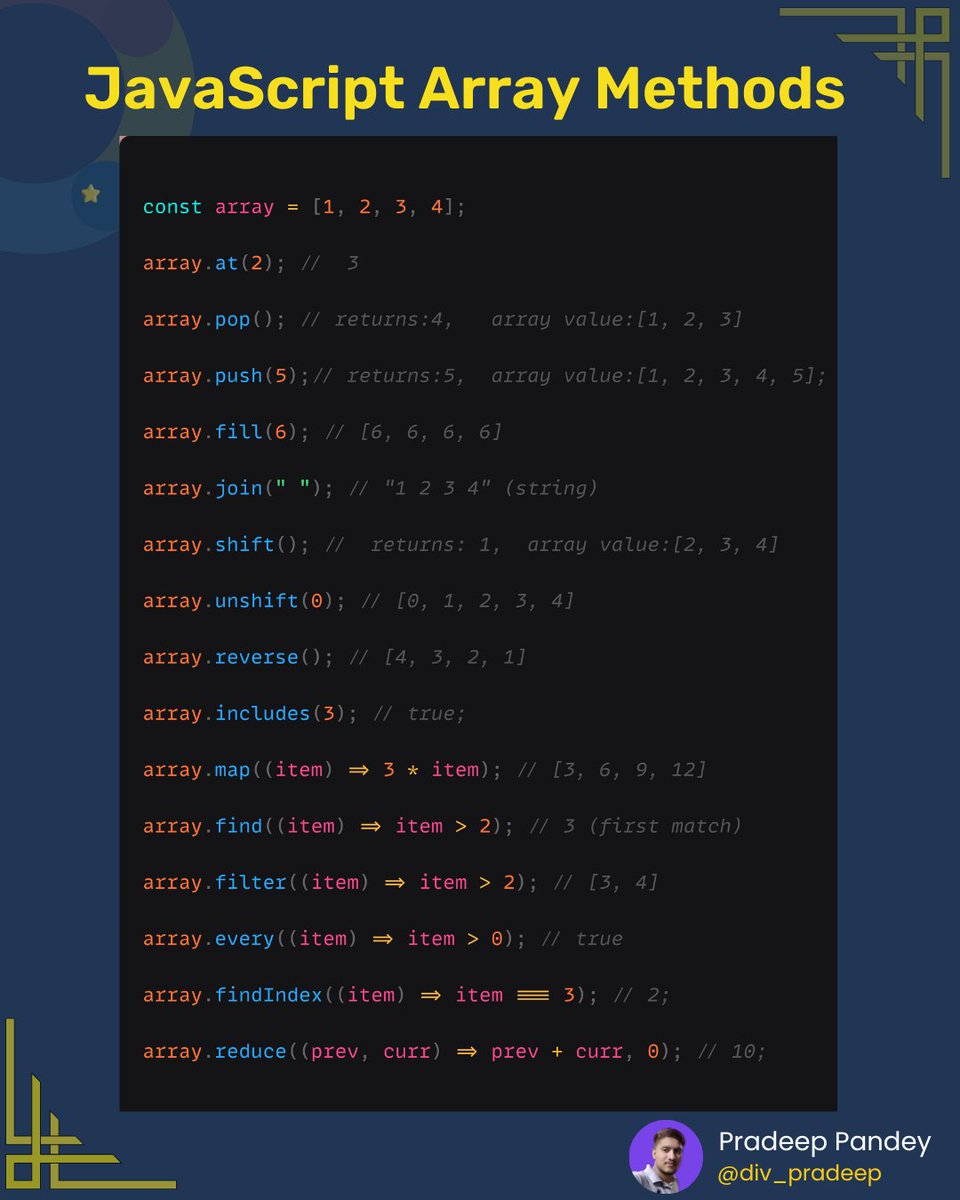 Div_pradeep's tweet image. Ultimate JavaScript Array Methods Cheatsheet ⚡⚡