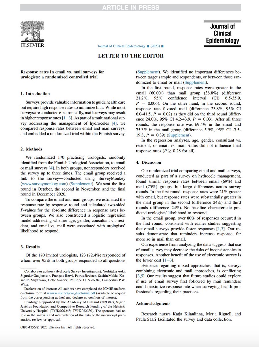 KariTikkinen's tweet photo. Is email or mail survey better? We performed a randomised trial among 🇫🇮urologists when surveying about management of #hydrocele:s

🔥Results out in @JClinEpi!🔥

LINK: https://t.co/OvRu4tTJY3
LINK2: https://t.co/WHurcJIoNl

Stay tuned also for the practice variation results #EBM https://t.co/cGsdBsGKmJ