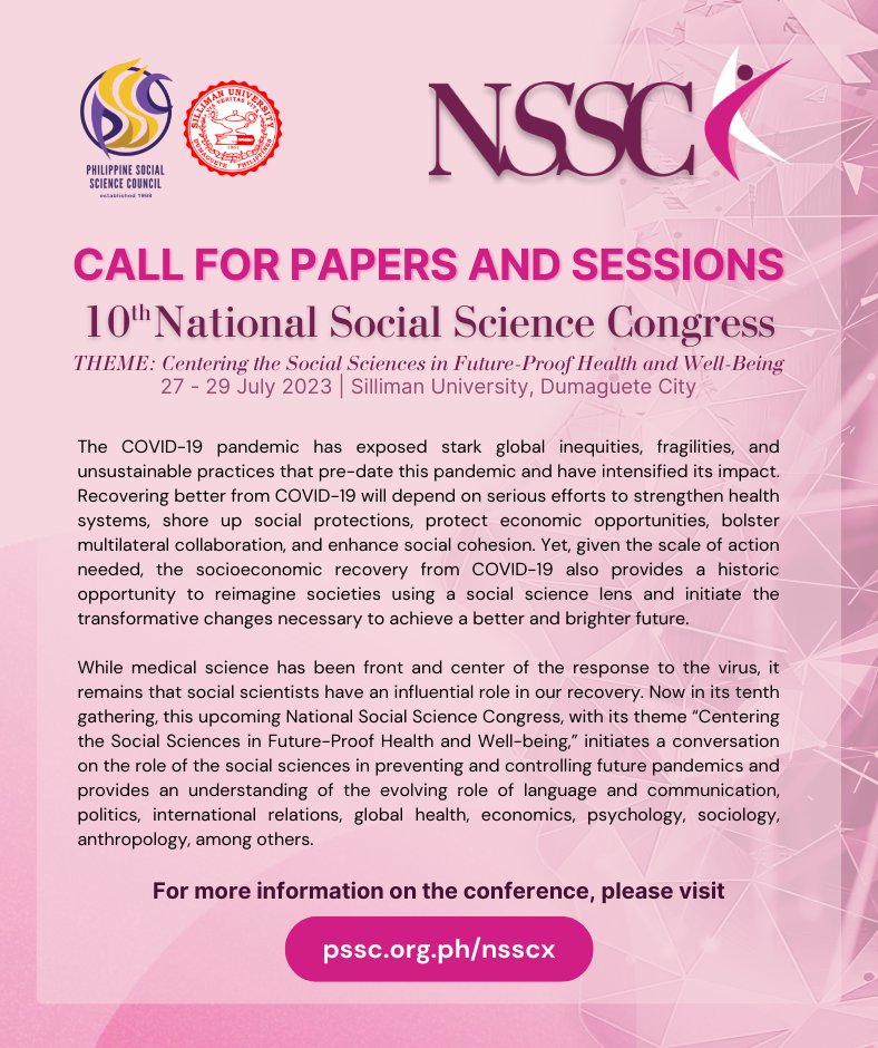 pssc_official's tweet photo. 📢 CALL FOR PAPERS AND SESSIONS

Due to popular demand, we are reopening and extending the deadline for the 10th National Social Science Congress!

📌 Deadline for submission is on 31 Mar 2023

🔗 Visit for more information https://t.co/feClhPuS0q

#NSSCX #PSSC #CallForPapers https://t.co/Cy4dQuCGqm