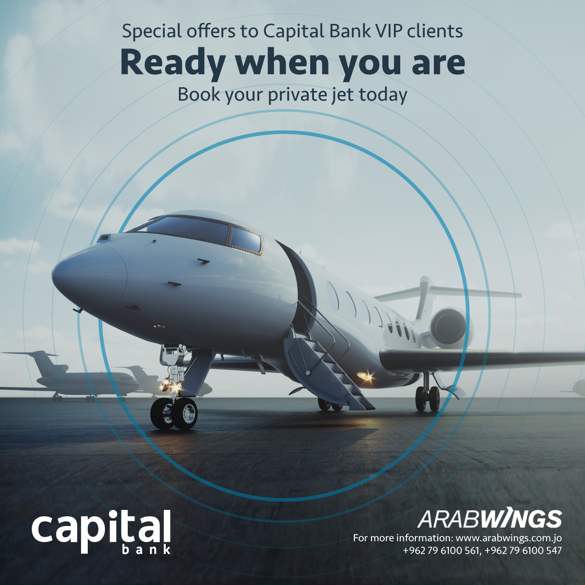 Giving VIP treatment for our VIP clients! Book your luxurious travel today and fly on a private jet with Capital Bank and Arab Wings. For more information visit: bit.ly/3IUY7QN
