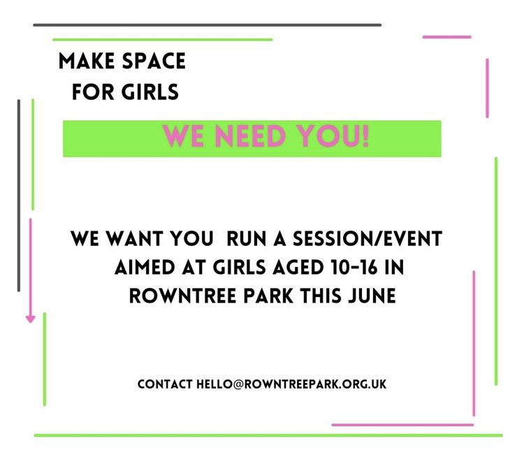 Intertional Women’s Day and perfect time to launch a call out for people/groups to be part of the ‘Make Space for Girls’ programme of events running in Rowntree Park through June 2023. Please spread the word! Contact hello@rowntreepark.org.uk #EmbraceEquity