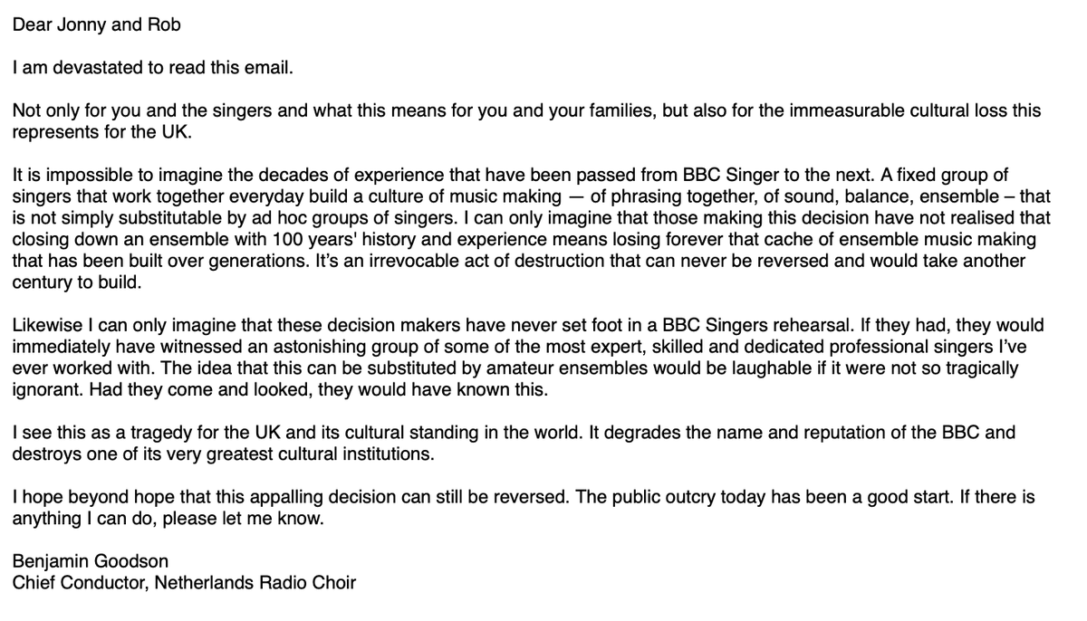 benjamin_gdsn's tweet photo. My reply to @jemanners and @RobBBCS on the planned closure of the @BBCSingers.

This is a decision made in ignorance of what will be lost, and it must be reversed.

@helenneeves1 @JWHallBaritone @PeteDavTenor @minneymezzo @bdurrant91 @TomRaskin_tenor @stozmcnoz et al. https://t.co/ZXvaIEk6YA