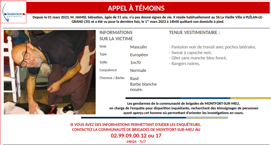 RadioFrequence8's tweet photo. Disparition inquiétante en Ille et Vilaine : la gendarmerie recherche un homme de 51 ans porté disparu depuis le 1er mars à Plélan-le-Grand. Des recherches sont en cours . Si vous avez des informations, contactez la brigade de Montfort ou le 17." #disparition #IlleEtVilaine https://t.co/hWygAFnqam