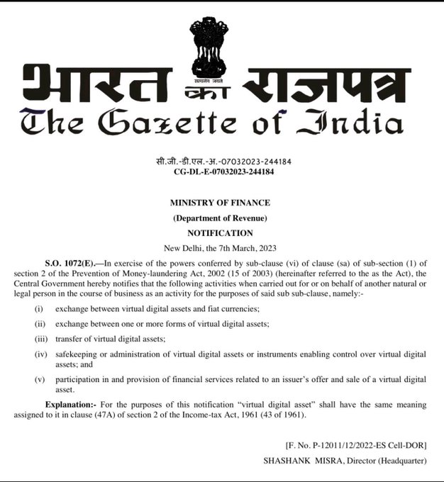 cryptotrackapps's tweet photo. The Government of #India has formally announced that all
#Crypto firms
(exchanges, custodians, wallet providers, and so on) will fall under the purview of the
#PMLA
(Prevention of money laundering act 2022)
#CryptoTrack #Govermentofindia #Announcement #CryptoCommunity https://t.co/BMCAucsrYW
