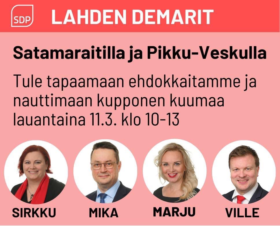 LahdenDemarit's tweet photo. Lauantaina 11.3. ulkoillaan Satamaraitilla ja Pikku-Veskulla.
Tule pistäytymään teltallamme tapaamassa ehdokkaita ja nauttimassa kupponen kuumaa pullan kera.
Punainen teltta paikalla klo 10-13. Nähdään! https://t.co/e6I8Zrha6V