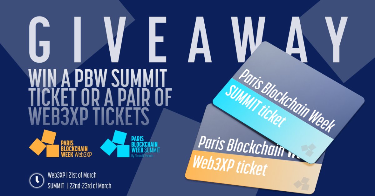 CryptoEventsHQ's tweet photo. ✨GIVEAWAY TIME!

 🎫Win a FREE ticket to Paris Blockchain Week Summit (March 22-23) or TWO (2) FREE tickets to Web3XP event (March 21)! #PBW2023 @ParisBlockWeek  @web3XP 

🔸 To participate in the raffle: 

- Must follow 
- Retweet

Winners to be announced Friday, March 10! https://t.co/6gduRPMyPf