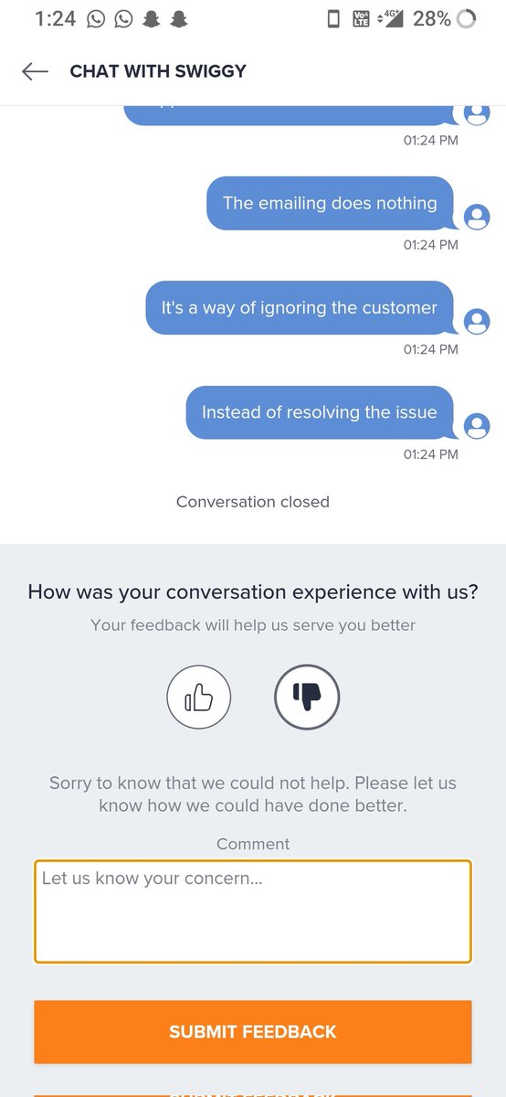 stanfangrunin's tweet photo. @Swiggy @SwiggyCares Let me tell you how you guys have the worst customer service ever. Your customer executive just 'closed' the chat on me while I was having a conversation with them. This is the level of standard that you guys maintain https://t.co/zZXM2x2a0x