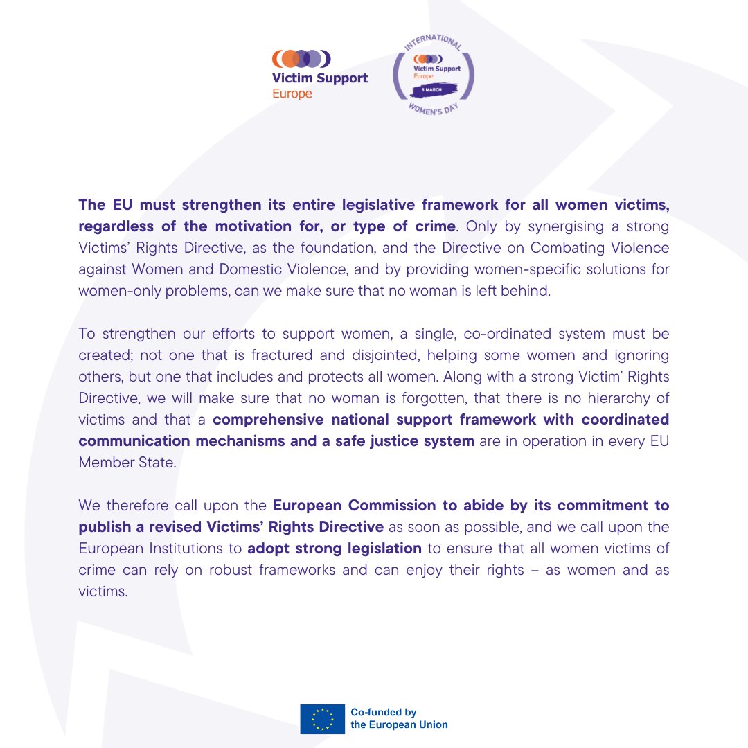 VictimSupportEU's tweet image. 🧡On #IWD2023, VSE stands in solidarity with all women who fell victim to crime.

We call on @EU_Commission to urgently adopt a revised #EUVictimsRightsDirective to strengthen its entire legislative framework for all women victims, regardless of motivation or type of crime (1/2)