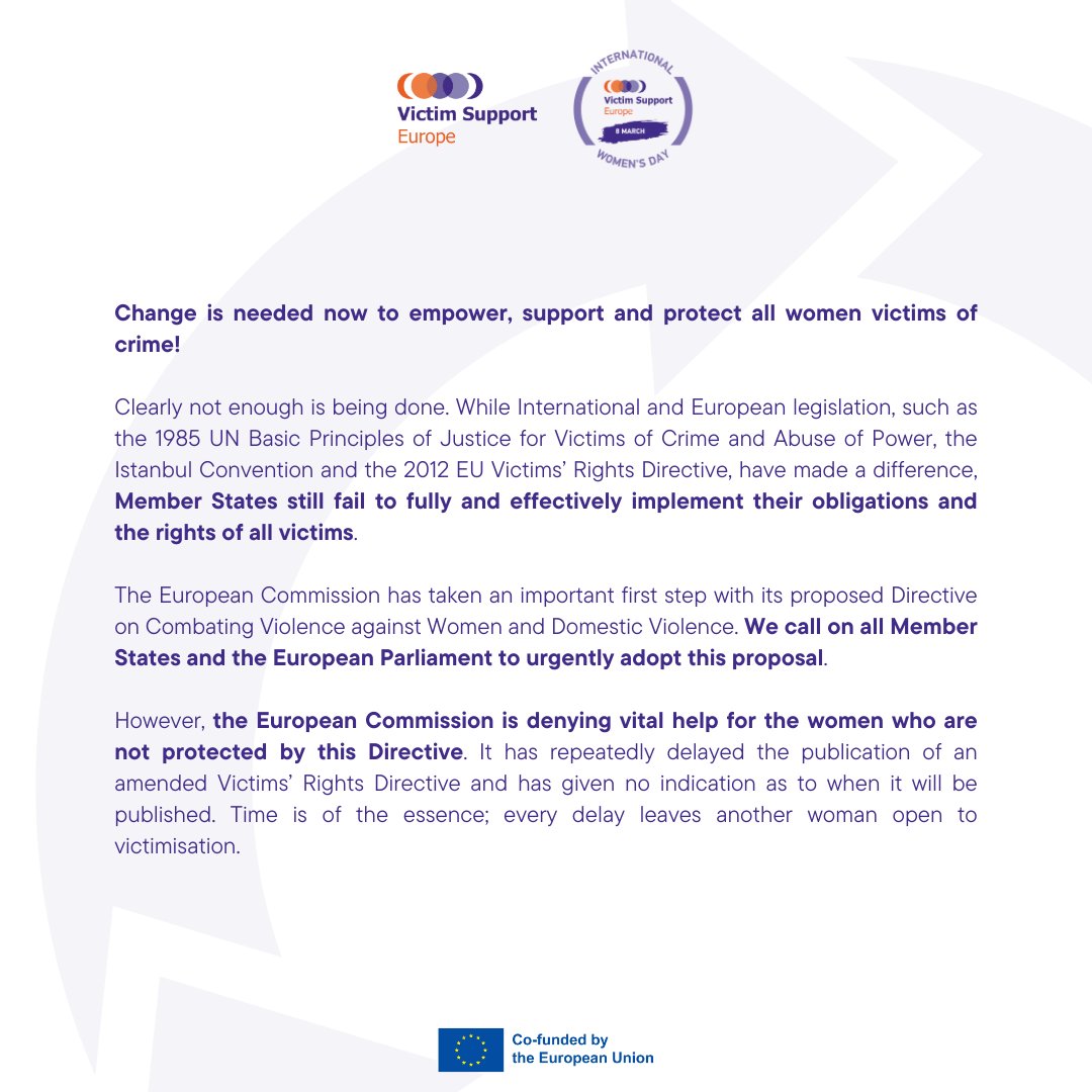 VictimSupportEU's tweet image. 🧡On #IWD2023, VSE stands in solidarity with all women who fell victim to crime.

We call on @EU_Commission to urgently adopt a revised #EUVictimsRightsDirective to strengthen its entire legislative framework for all women victims, regardless of motivation or type of crime (1/2)