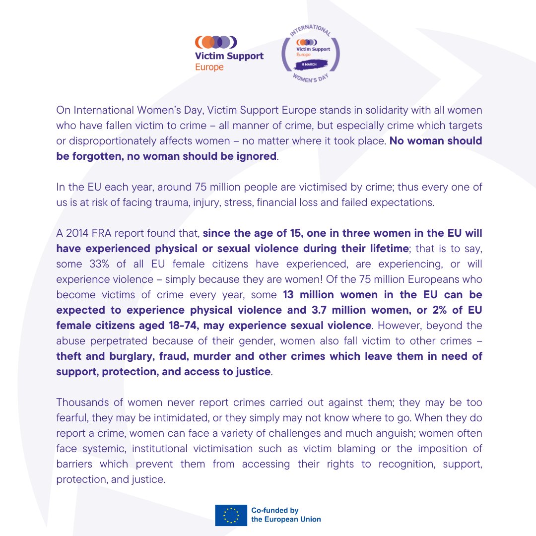 VictimSupportEU's tweet image. 🧡On #IWD2023, VSE stands in solidarity with all women who fell victim to crime.

We call on @EU_Commission to urgently adopt a revised #EUVictimsRightsDirective to strengthen its entire legislative framework for all women victims, regardless of motivation or type of crime (1/2)