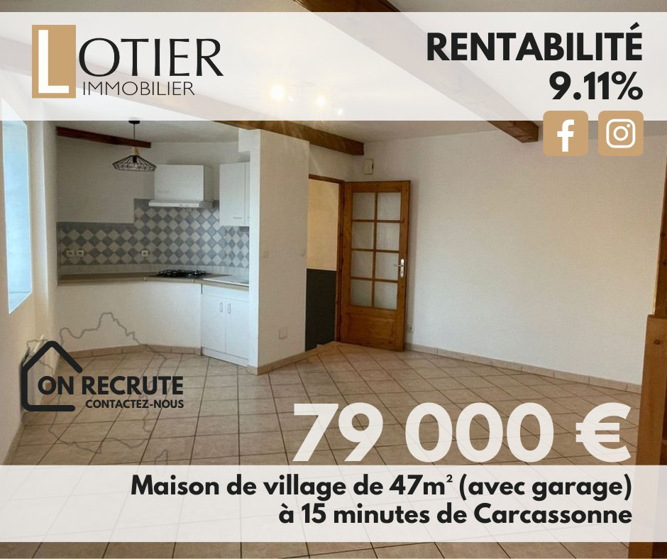 Opportunité à saisir ! Maison de village 2 chambres + garage entièrement rénovée. Prix de vente 79K €. Vendue sans locataire, loyer minimum 600€ HC. Infos : lotier-immobilier.com/annonce/maison… #immobilier #investissement #location #aude #airbnb #opportunité