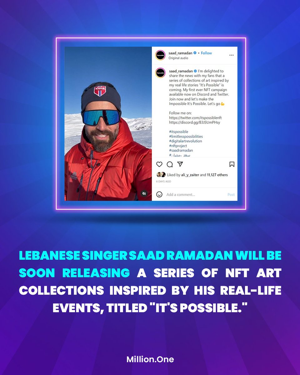#Lebanese singer <a href="/SaadRamadan/">Saad Ramadan</a> announced to his #followers that a series of #NFT #art #Collections  inspired by his real-life events, titled <a href="/itspossiblenft/">itspossible_NFT</a>  will be released soon. 
His first #NFT campaign is currently available on #Discord and #Twitter 
#Million #web3 #blockchain