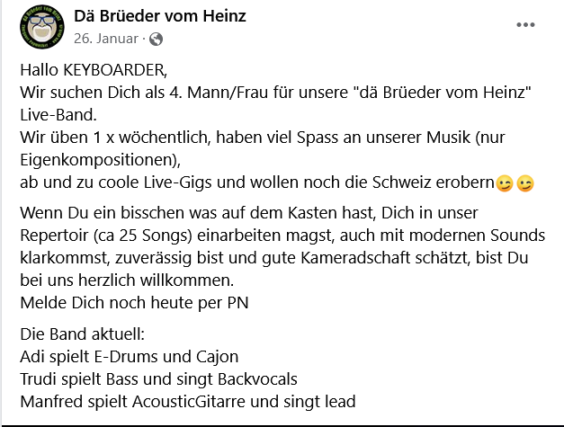 dialogine's tweet photo. D'Ostschwiizer Band "Dä Brüeder vom Heinz" suecht en #Keyboarder. Öpis für dich oder öper wo kennsch?
#Bandmitglied https://t.co/dKyBQdlIbA https://t.co/Z1HYUgge65