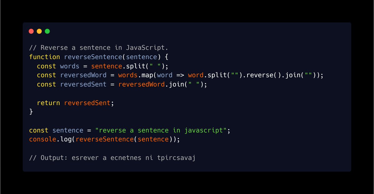 Prabhu933's tweet image. Reverse a sentence in JavaScript.
#javascript #logicalprogramming #logicbuilding #dsa