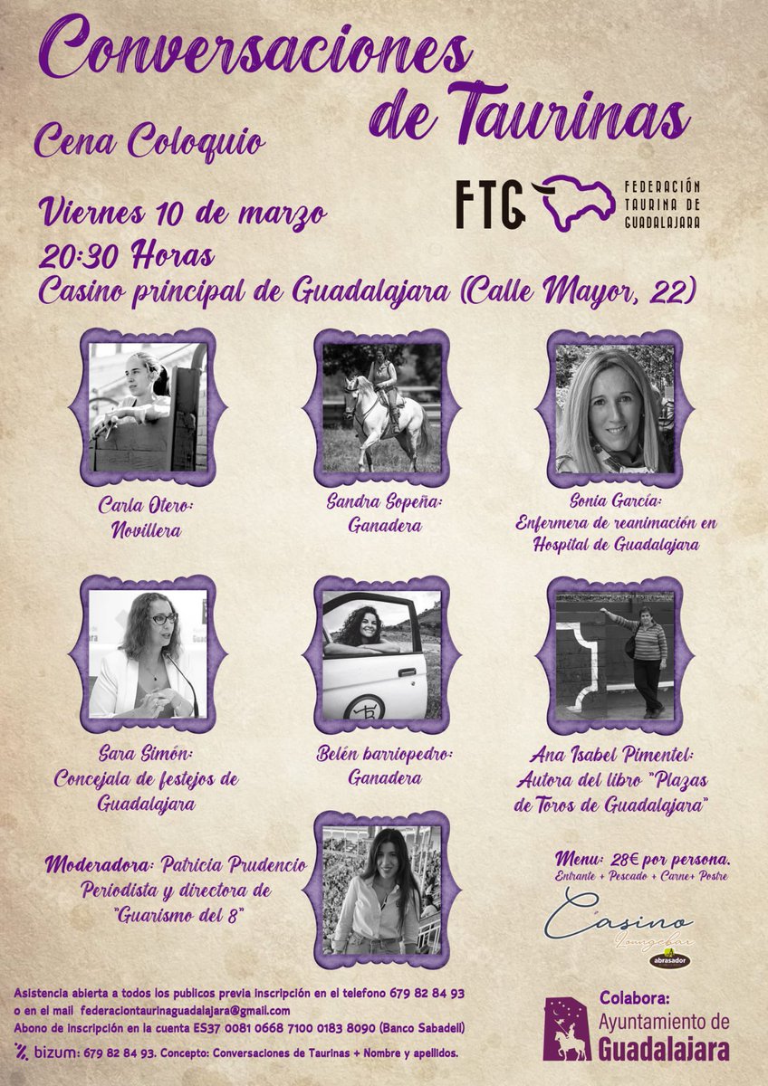 El viernes 10 de marzo tod@s l@s taurin@s tenemos una cita en el casino principal de Guadalajara,acompáñanos!!
<a href="/CarlaMtezOtero/">Carla Otero</a> <a href="/GanaderiaSandra/">Sandra Sopeña</a> <a href="/patriciaprudenc/">Patricia Prudencio Muñoz🇪🇸</a> #sarasimon #BelenBarriopedro <a href="/elquiteyunquera/">Peña Taurina El Quite (Yunquera de Henares)</a> <a href="/RomancosalCampo/">Romancos al Campo</a> <a href="/at16deagosto/">A.T. 16 de Agosto</a>