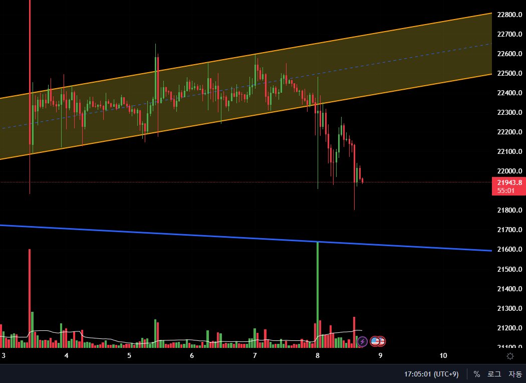 #BTC #Bitcoin 
비트코인 1시간봉 차트입니다.
오늘 중요한 연설이 또 있죠.
때문에 저는 21.8k는 뚫렸다고 생각하고
21.6k를 주요 라인으로 보고있습니다.
온체인 데이터상 21.3k까지는 열어두고 있습니다.