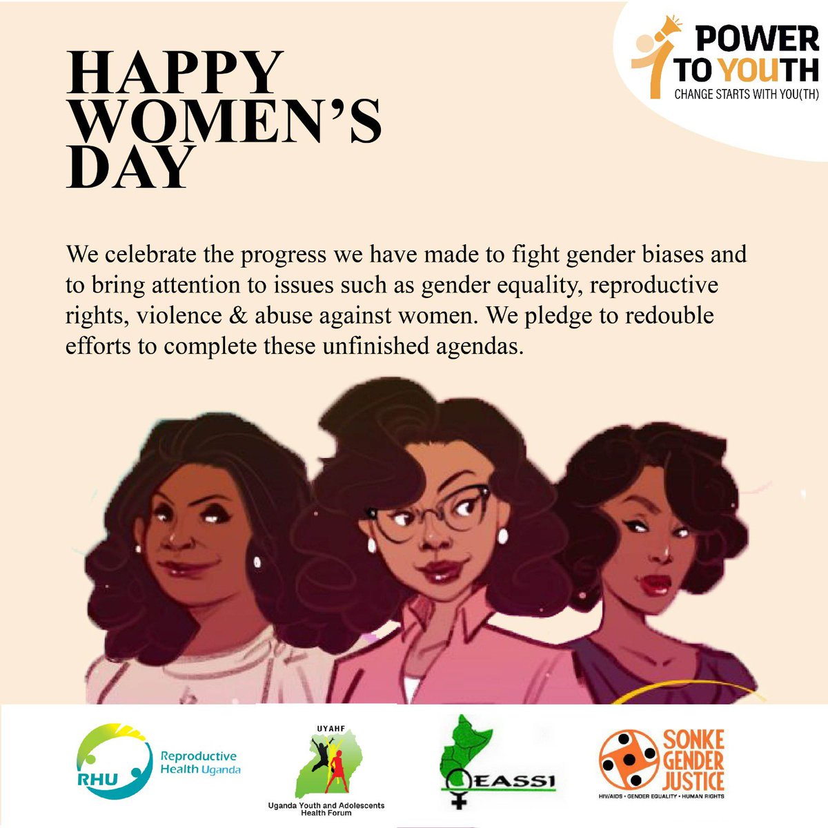 powertoyouthug's tweet photo. We celebrate the progress we have made to fight gender biases and to bring attention to issues such as gender equality, reproductive rights, violence & abuse against women & we pledge to redouble efforts to complete these unfinished agendas.
Happy #InternationalWomansDay
#IWDUg https://t.co/J0bQgPbxmO
